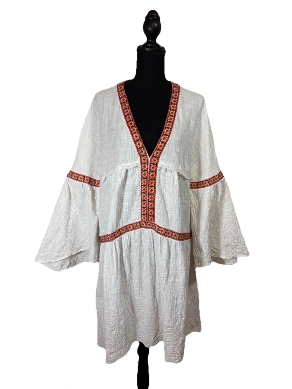 Max Studio Embroidered Blouson Sleeve Cotton White Red Boho Peasant Summer XL